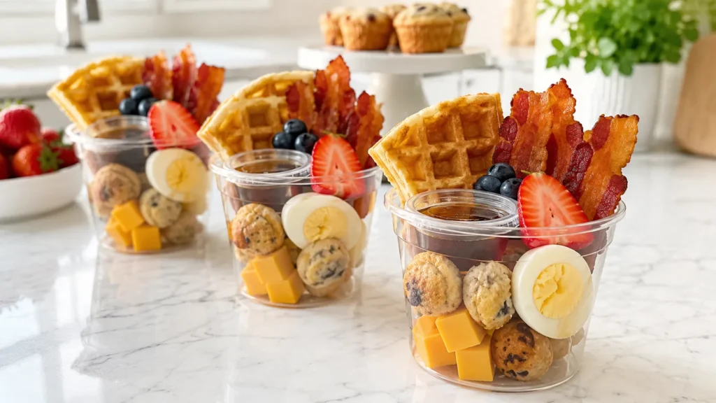Breakfast charcuterie cups arranged on a white marble kitchen counter, clear plastic cups filled with mini golden waffles cut into quarters, crispy bacon strips, strawberry halves, blueberries, cheddar cheese cubes, hard boiled egg halves, mini muffin bites, tiny syrup cups tucked inside, bright white kitchen background, soft natural window light, fresh brunch spread