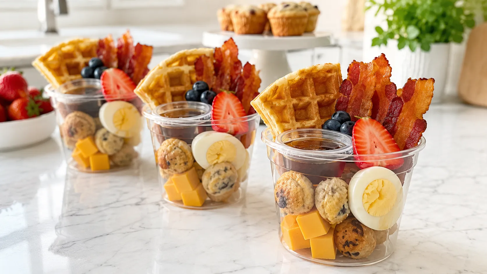 Breakfast charcuterie cups arranged on a white marble kitchen counter, clear plastic cups filled with mini golden waffles cut into quarters, crispy bacon strips, strawberry halves, blueberries, cheddar cheese cubes, hard boiled egg halves, mini muffin bites, tiny syrup cups tucked inside, bright white kitchen background, soft natural window light, fresh brunch spread