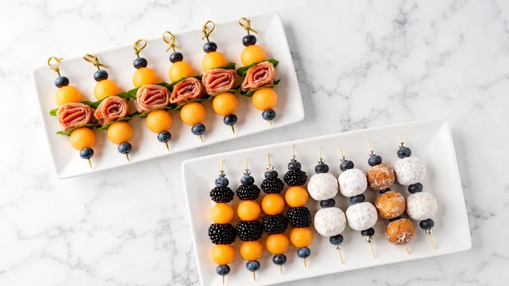 skewers of food on white platters