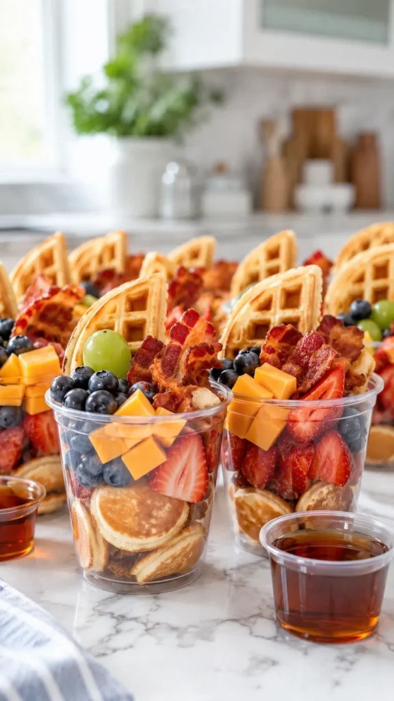 Breakfast charcuterie cups arranged on a white marble kitchen counter, each of the clear plastic cups filled with mini golden waffles cut into quarters, crispy bacon strips, strawberry halves, blueberries, cheddar cheese cubes, hard boiled egg halves, mini muffin bites, tiny syrup cups tucked inside, bright white kitchen background, soft natural window light, fresh brunch spread, hyper realistic editorial food photography, crisp textures, cheerful morning styling, no text, no watermark