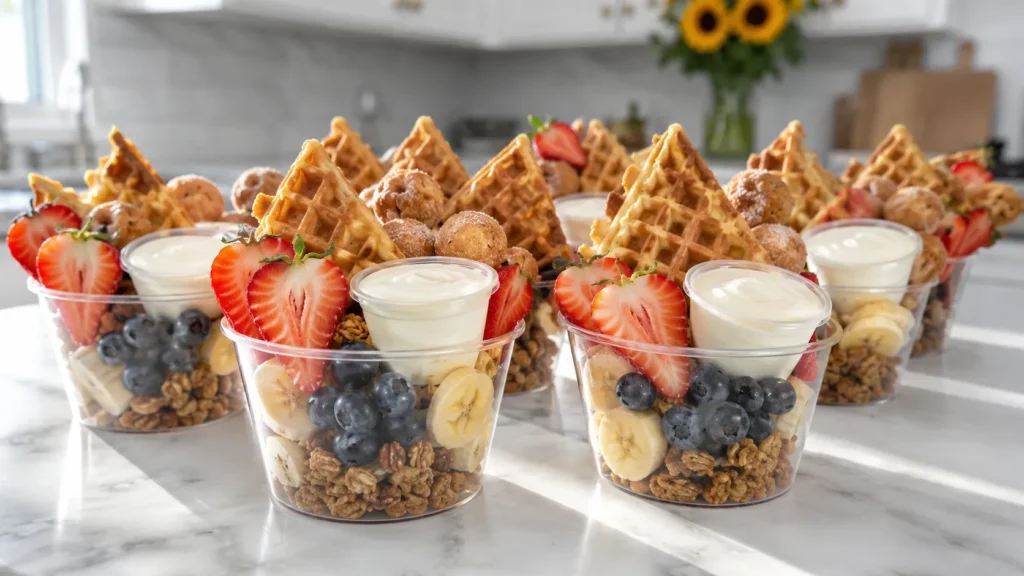 Savory breakfast charcuterie cups in clear cups, filled with crispy bacon strips, mini biscuit cubes, cheddar cheese cubes, hard boiled egg halves, sausage link pieces, cucumber slices, cherry tomatoes, and small cream cheese cups, clean white marble counter, bright kitchen background