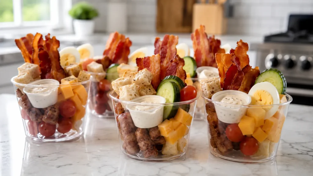 Breakfast charcuterie cups arranged on a white marble kitchen counter, clear plastic cups filled with mini golden waffles cut into quarters, crispy bacon strips, strawberry halves, blueberries, cheddar cheese cubes, hard boiled egg halves, mini muffin bites, tiny syrup cups tucked inside, bright white kitchen background, soft natural window light, fresh brunch spread, hyper realistic editorial food photography, crisp textures, cheerful morning styling, no text, no watermark