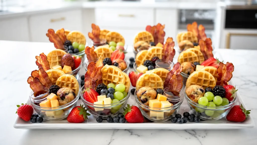 A tray of breakfast charcuterie cups lined in neat rows on a white serving platter, each clear cup filled with mini waffles, bacon strips, berries, grapes, cheese cubes, mini muffins, and tiny syrup cups, extra strawberries and blueberries scattered around the platter, bright white kitchen background, soft natural light, polished brunch buffet styling, hyper realistic food photography, no text, no watermark 