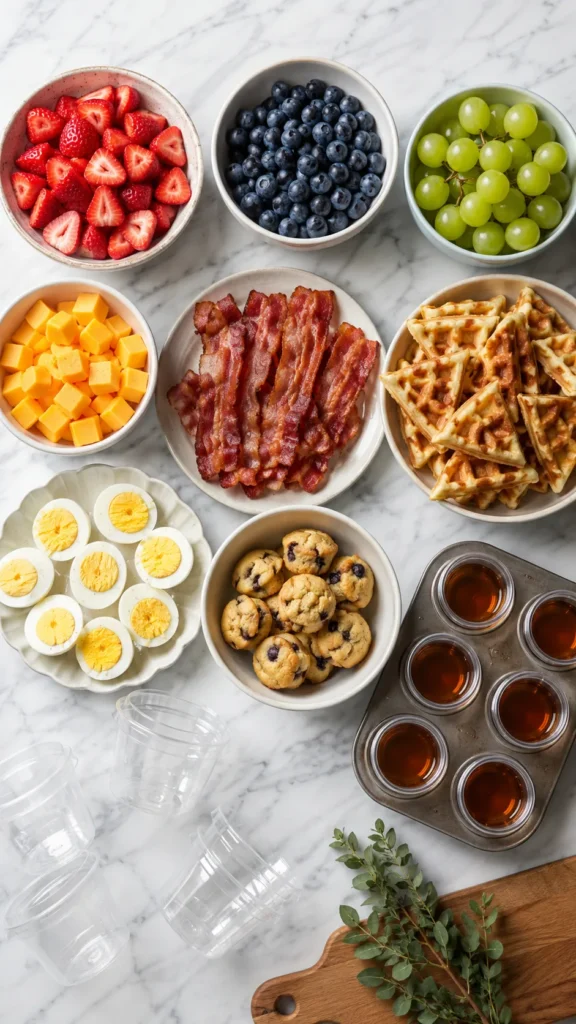 Overhead food prep scene for breakfast charcuterie cups, white marble counter with small bowls of strawberries, blueberries, grapes, cheddar cubes, bacon strips, mini waffles cut into triangles, hard boiled egg halves, mini muffin bites, and tiny syrup cups, clean organized brunch prep layout, bright natural kitchen light, realistic textures, editorial food photography