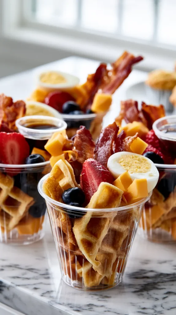 Breakfast charcuterie cups arranged on a white marble kitchen counter, each of the clear plastic cups filled with mini golden waffles cut into quarters, crispy bacon strips, strawberry halves, blueberries, cheddar cheese cubes, hard boiled egg halves, mini muffin bites, tiny syrup cups tucked inside, bright white kitchen background, soft natural window light, fresh brunch spread, hyper realistic editorial food photography, crisp textures, cheerful morning styling, no text, no watermark