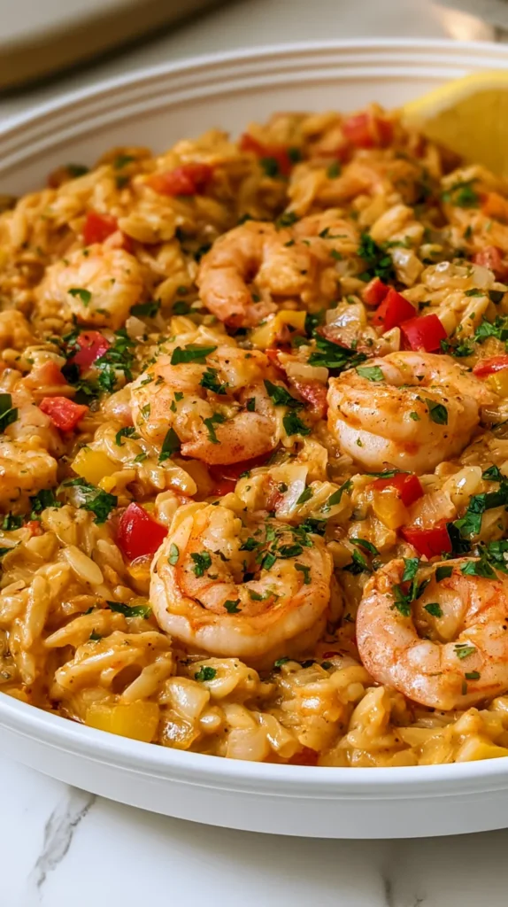 hyper-realistic photo of creamy Cajun shrimp orzo in a shallow white ceramic bowl, styled to match a Cajun skillet dinner, tender pink shrimp peeled, deveined, and tails removed, creamy orzo coated in a glossy warm orange Cajun parmesan cream sauce, visible diced red and yellow bell peppers, softened onion, garlic, chopped parsley, and a lemon wedge on the rim, rich Cajun color, slightly spicy seasoned look, bright white kitchen background, white marble countertop, soft natural window light, crisp focus, slightly angled close-up composition, editorial food photography, realistic textures, appetizing but not messy, no text, no logos, no watermark