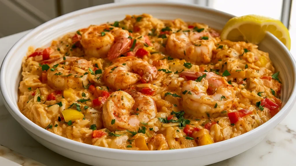 hyper-realistic photo of creamy Cajun shrimp orzo in a shallow white ceramic bowl, styled to match a Cajun skillet dinner, tender pink shrimp peeled, deveined, and tails removed, creamy orzo coated in a glossy warm orange Cajun parmesan cream sauce, visible diced red and yellow bell peppers, softened onion, garlic, chopped parsley, and a lemon wedge on the rim, rich Cajun color, slightly spicy seasoned look, bright white kitchen background, white marble countertop, soft natural window light, crisp focus, slightly angled close-up composition, editorial food photography, realistic textures, appetizing but not messy, no text, no logos, no watermark
