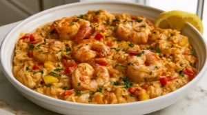 hyper-realistic photo of creamy Cajun shrimp orzo in a shallow white ceramic bowl, styled to match a Cajun skillet dinner, tender pink shrimp peeled, deveined, and tails removed, creamy orzo coated in a glossy warm orange Cajun parmesan cream sauce, visible diced red and yellow bell peppers, softened onion, garlic, chopped parsley, and a lemon wedge on the rim, rich Cajun color, slightly spicy seasoned look, bright white kitchen background, white marble countertop, soft natural window light, crisp focus, slightly angled close-up composition, editorial food photography, realistic textures, appetizing but not messy, no text, no logos, no watermark