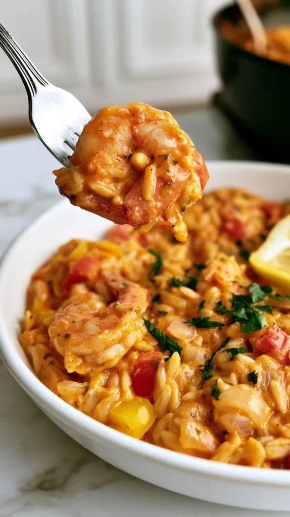 hyper-realistic close-up photo of creamy Cajun shrimp orzo in a shallow white ceramic bowl, styled to match a Cajun skillet dinner, a silver fork lifting a bite, glossy warm orange Cajun parmesan cream sauce clinging to the orzo, visible diced red and yellow bell peppers, softened onion, garlic, chopped parsley, and a lemon wedge in the bowl, rich Cajun color, no-tail shrimp, slightly spicy seasoned look, bright white kitchen background, white marble countertop, soft natural window light, crisp focus on the fork lift, shallow depth of field, editorial food photography, realistic textures, appetizing but not messy, no text, no logos, no watermark
