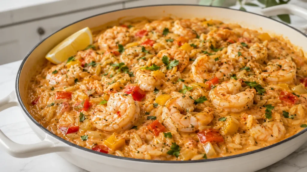 hyper-realistic photo of creamy Cajun shrimp orzo served directly in a white enameled skillet, tender no-tails pink shrimp peeled, deveined, and tails removed, creamy orzo coated in a glossy Cajun parmesan cream sauce, visible diced red and yellow bell peppers, onion, garlic, chopped parsley, and a squeeze of lemon, lemon wedge tucked into the skillet, warm Cajun color, rich creamy texture, shrimp and orzo looking fresh and realistic, skillet set on a white marble countertop in a bright white kitchen, soft natural window light, crisp focus, slightly angled close-up composition, editorial food photography, appetizing but not messy, no text, no logos, no watermark