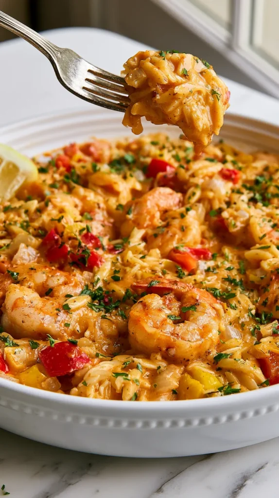 hyper-realistic close-up photo of creamy Cajun shrimp orzo in a shallow white ceramic bowl, styled to match a Cajun skillet dinner, a silver fork lifting a bite, glossy warm orange Cajun parmesan cream sauce clinging to the orzo, visible diced red and yellow bell peppers, softened onion, garlic, chopped parsley, and a lemon wedge in the bowl, rich Cajun color, no-tail shrimp, slightly spicy seasoned look, bright white kitchen background, white marble countertop, soft natural window light, crisp focus on the fork lift, shallow depth of field, editorial food photography, realistic textures, appetizing but not messy, no text, no logos, no watermark