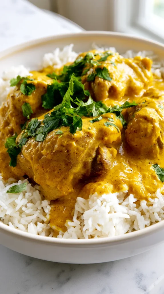 Whole boneless skinless chicken thighs served over fluffy white rice in a shallow white ceramic bowl, clearly recognizable as chicken thighs with uneven natural shape, slightly darker juicy interior, no sliced chicken breast look, coated in a creamy golden-yellow coconut curry sauce made from the same marinade, sauce made with full-fat coconut milk, curry powder, turmeric, grated fresh ginger, lime zest, salt, and black pepper, lightly speckled, velvety, rich, softly pooled around the rice, chopped cilantro on top, bright white kitchen background, white marble counter, soft natural window light, hyper-realistic editorial food photography, no text, no watermark