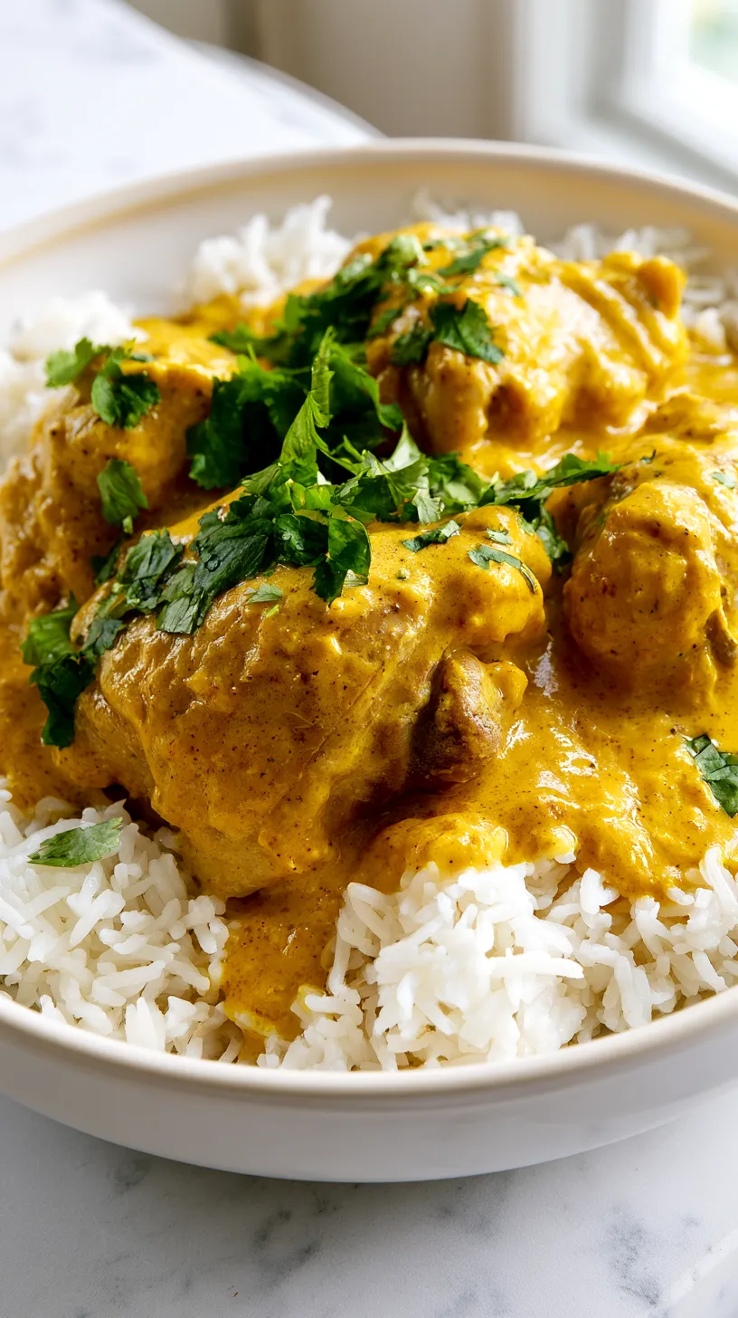 Whole boneless skinless chicken thighs served over fluffy white rice in a shallow white ceramic bowl, clearly recognizable as chicken thighs with uneven natural shape, slightly darker juicy interior, no sliced chicken breast look, coated in a creamy golden-yellow coconut curry sauce made from the same marinade, sauce made with full-fat coconut milk, curry powder, turmeric, grated fresh ginger, lime zest, salt, and black pepper, lightly speckled, velvety, rich, softly pooled around the rice, chopped cilantro on top, bright white kitchen background, white marble counter, soft natural window light, hyper-realistic editorial food photography, no text, no watermark