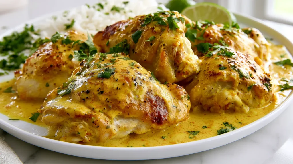 Cooked chicken thighs on a white platter, clearly identifiable as chicken thighs with natural irregular shape and juicy texture, lightly browned edges but not heavily charred, coated with creamy golden-yellow coconut curry sauce made from the same marinade, sauce made with full-fat coconut milk, curry powder, turmeric, grated fresh ginger, lime zest, salt, and black pepper, lightly speckled, velvety, rich, a little sauce pooled under the chicken, white rice in the background, lime wedges nearby, chopped cilantro garnish, bright white kitchen background, white marble counter, soft natural window light, hyper-realistic editorial food photography, no text, no watermark