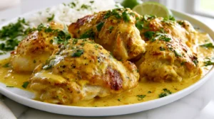 Cooked chicken thighs on a white platter, clearly identifiable as chicken thighs with natural irregular shape and juicy texture, lightly browned edges but not heavily charred, coated with creamy golden-yellow coconut curry sauce made from the same marinade, sauce made with full-fat coconut milk, curry powder, turmeric, grated fresh ginger, lime zest, salt, and black pepper, lightly speckled, velvety, rich, a little sauce pooled under the chicken, white rice in the background, lime wedges nearby, chopped cilantro garnish, bright white kitchen background, white marble counter, soft natural window light, hyper-realistic editorial food photography, no text, no watermark