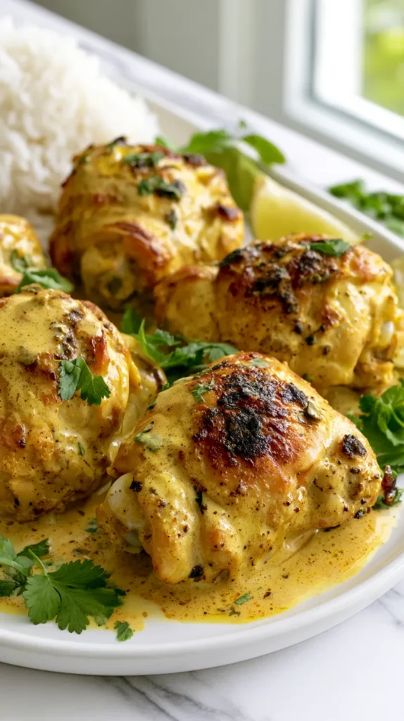 Cooked chicken thighs on a white platter, clearly identifiable as chicken thighs with natural irregular shape and juicy texture, lightly browned edges but not heavily charred, coated with creamy golden-yellow coconut curry sauce made from the same marinade, sauce made with full-fat coconut milk, curry powder, turmeric, grated fresh ginger, lime zest, salt, and black pepper, lightly speckled, velvety, rich, a little sauce pooled under the chicken, white rice in the background, lime wedges nearby, chopped cilantro garnish, bright white kitchen background, white marble counter, soft natural window light, hyper-realistic editorial food photography, no text, no watermark