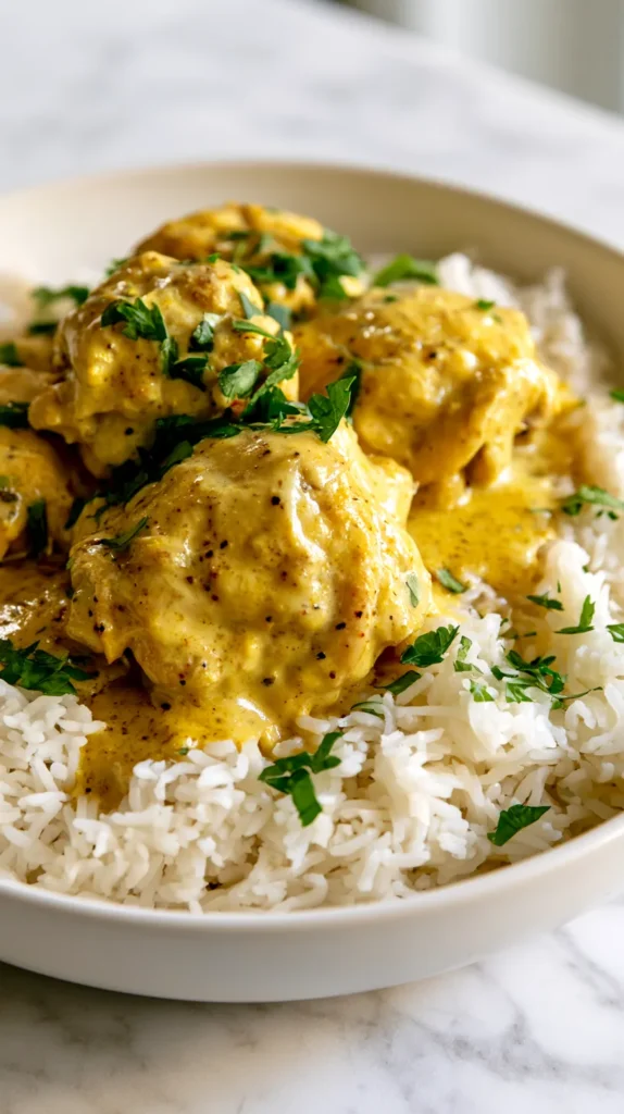 Whole boneless skinless chicken thighs served over fluffy white rice in a shallow white ceramic bowl, clearly recognizable as chicken thighs with uneven natural shape, slightly darker juicy interior, no sliced chicken breast look, coated in a creamy golden-yellow coconut curry sauce made from the same marinade, sauce made with full-fat coconut milk, curry powder, turmeric, grated fresh ginger, lime zest, salt, and black pepper, lightly speckled, velvety, rich, softly pooled around the rice, chopped cilantro on top, bright white kitchen background, white marble counter, soft natural window light, hyper-realistic editorial food photography, no text, no watermark