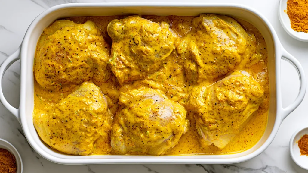 Overhead view of raw chicken thighs arranged in a white rectangular ceramic baking dish, covered in a thick creamy golden-yellow coconut curry marinade made with full-fat coconut milk, curry powder, turmeric, grated fresh ginger, lime zest, salt, and black pepper, lightly speckled, velvety, rich, coating the chicken generously, with a little marinade pooling around it, not orange, not glossy like a glaze, not dry like a spice rub, white marble counter, small bowls of spices around the dish, bright airy kitchen lighting, hyper-realistic recipe process photography, clean styling, no text, no watermark
