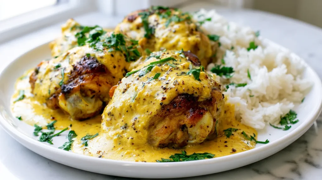 Whole boneless skinless chicken thighs served over fluffy white rice in a shallow white ceramic bowl, clearly recognizable as chicken thighs with uneven natural shape, slightly darker juicy interior, no sliced chicken breast look, coated in a creamy golden-yellow coconut curry sauce made from the same marinade, sauce made with full-fat coconut milk, curry powder, turmeric, grated fresh ginger, lime zest, salt, and black pepper, lightly speckled, velvety, rich, softly pooled around the rice, chopped cilantro on top, bright white kitchen background, white marble counter, soft natural window light, hyper-realistic editorial food photography, no text, no watermark