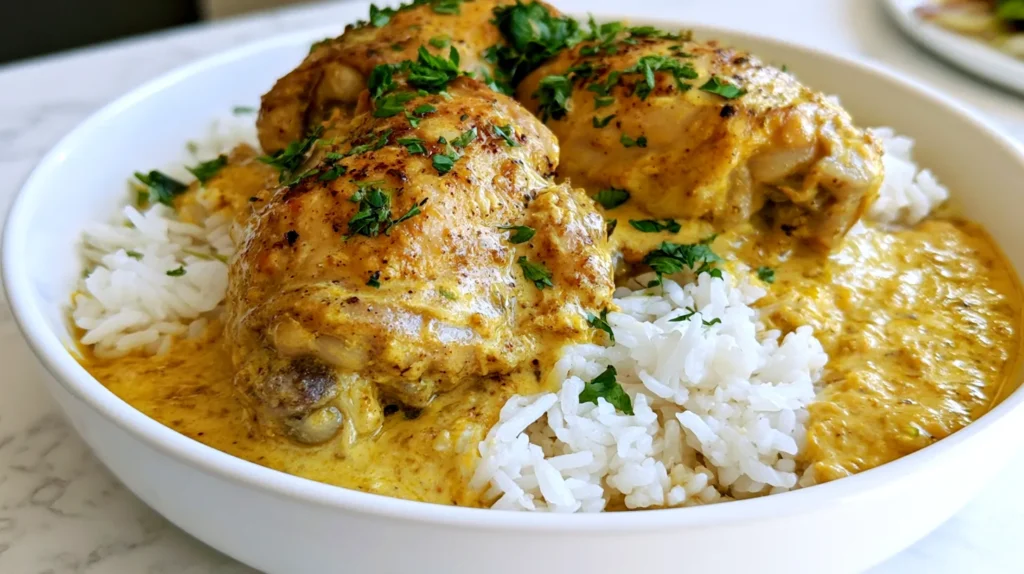 Whole boneless skinless chicken thighs served over fluffy white rice in a shallow white ceramic bowl, clearly recognizable as chicken thighs with uneven natural shape, slightly darker juicy interior, no sliced chicken breast look, coated in a creamy golden-yellow coconut curry sauce made from the same marinade, sauce made with full-fat coconut milk, curry powder, turmeric, grated fresh ginger, lime zest, salt, and black pepper, lightly speckled, velvety, rich, softly pooled around the rice, chopped cilantro on top, bright white kitchen background, white marble counter, soft natural window light, hyper-realistic editorial food photography, no text, no watermark