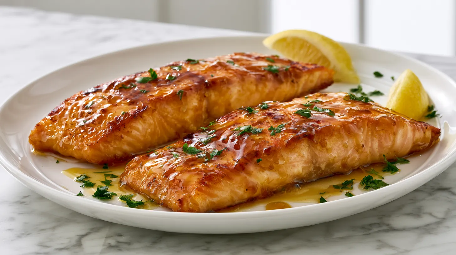 Hyper realistic plated dinner featuring golden seared honey glazed salmon with a tender flaky interior, coated in a glossy honey garlic lemon glaze with lightly caramelized edges, served on a white ceramic plate with lemon wedges and chopped parsley, white marble kitchen counter, bright white kitchen background, soft natural window light, crisp editorial food photography, realistic texture, no text, no watermark