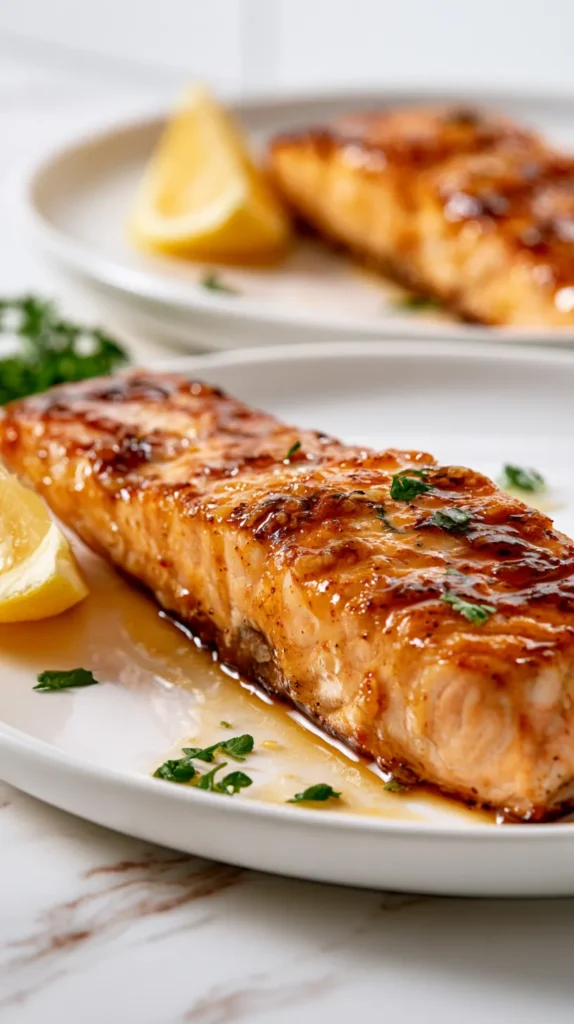 Hyper realistic plated dinner featuring golden seared honey glazed salmon with a tender flaky interior, coated in a glossy honey garlic lemon glaze with lightly caramelized edges, served on a white ceramic plate with lemon wedges and chopped parsley, white marble kitchen counter, bright white kitchen background, soft natural window light, crisp editorial food photography, realistic texture, no text, no watermark