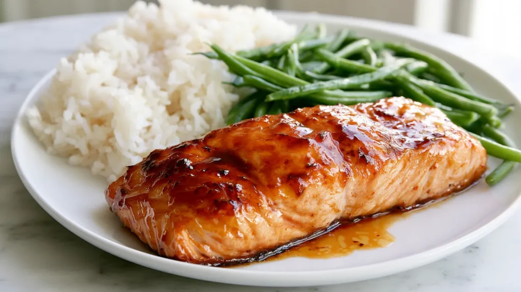 Close up dinner plate with golden seared honey glazed salmon with a tender flaky interior, coated in a glossy honey garlic lemon glaze with lightly caramelized edges, served with fluffy jasmine rice and crisp green beans on a white plate, white marble countertop, bright airy kitchen, soft natural light, sharp focus, hyper realistic food photography, no text, no watermark