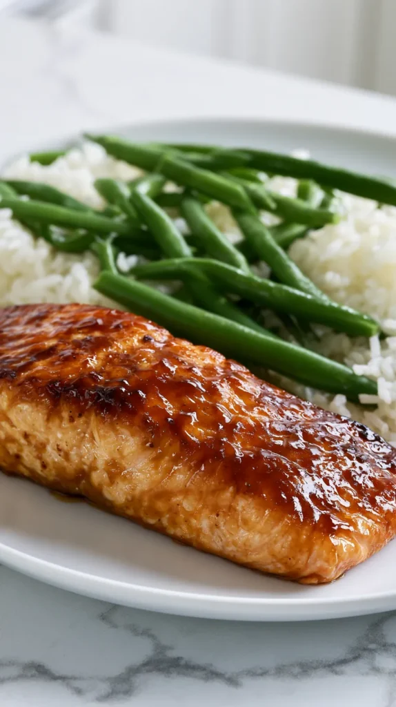 Close up dinner plate with golden seared honey glazed salmon with a tender flaky interior, coated in a glossy honey garlic lemon glaze with lightly caramelized edges, served with fluffy jasmine rice and crisp green beans on a white plate, white marble countertop, bright airy kitchen, soft natural light, sharp focus, hyper realistic food photography, no text, no watermark