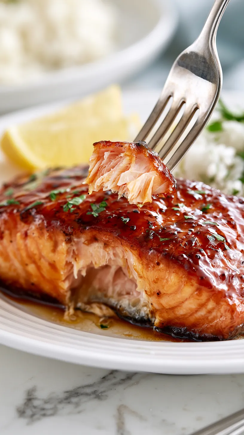 Fork lift shot of golden seared honey glazed salmon with a tender flaky interior, coated in a glossy honey garlic lemon glaze with lightly caramelized edges, fork lifting one flaky bite from a white plate with a visible missing bite mark in the fillet, lemon wedge and rice softly blurred in the background, white marble countertop, bright clean kitchen, soft natural light, crisp realistic food photography, no text, no watermark