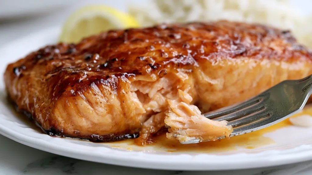 Fork lift shot of golden seared honey glazed salmon with a tender flaky interior, coated in a glossy honey garlic lemon glaze with lightly caramelized edges, fork lifting one flaky bite from a white plate with a visible missing bite mark in the fillet, lemon wedge and rice softly blurred in the background, white marble countertop, bright clean kitchen, soft natural light, crisp realistic food photography, no text, no watermark