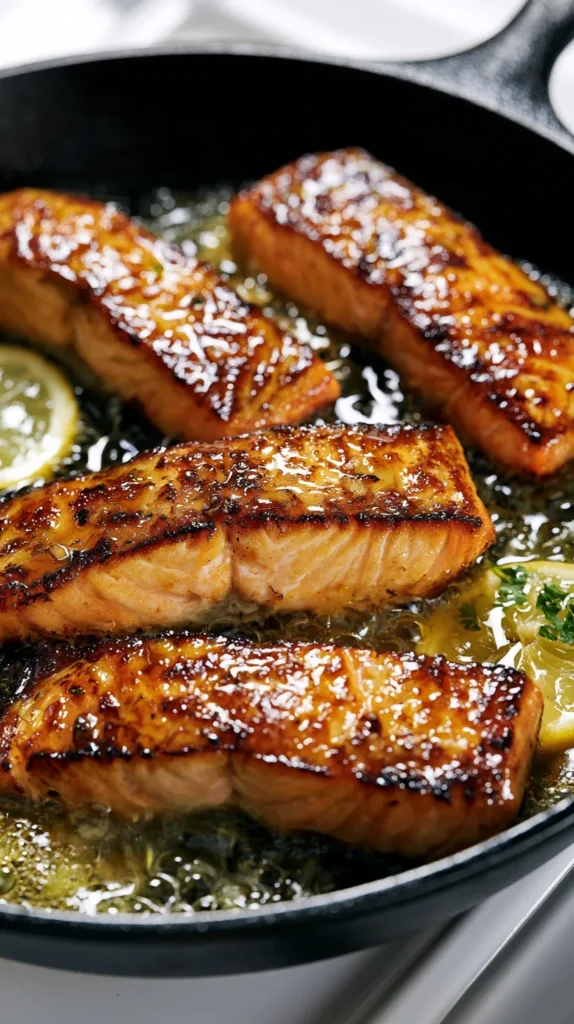 Overhead stove scene with four golden seared honey glazed salmon fillets with a tender flaky interior, coated in a glossy honey garlic lemon glaze with lightly caramelized edges, bubbling gently in a black cast-iron skillet sitting on a clean stovetop, lemon slices and a small sprinkle of parsley in the pan, bright white kitchen background, soft natural window light, hyper realistic editorial food photography, no text, no watermark