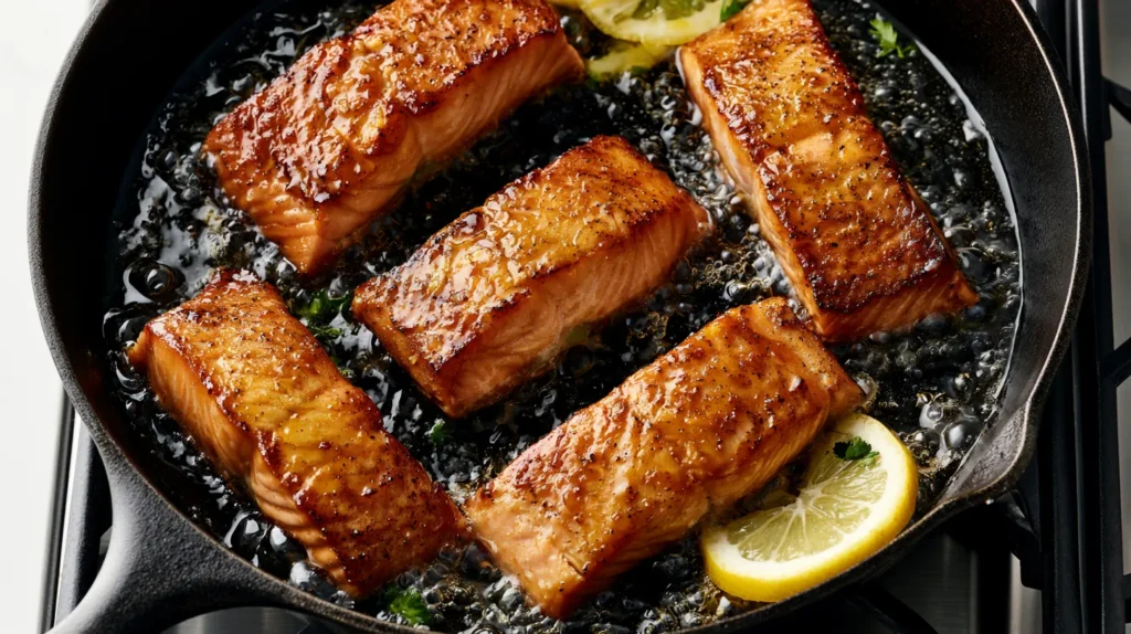 Overhead stove scene with four golden seared honey glazed salmon fillets with a tender flaky interior, coated in a glossy honey garlic lemon glaze with lightly caramelized edges, bubbling gently in a black cast-iron skillet sitting on a clean stovetop, lemon slices and a small sprinkle of parsley in the pan, bright white kitchen background, soft natural window light, hyper realistic editorial food photography, no text, no watermark