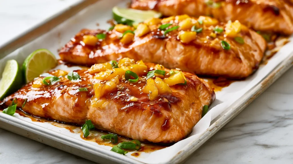 Hyper-realistic photo of mango teriyaki salmon fillets baked on a parchment-lined baking sheet, glossy sticky mango teriyaki glaze, lightly caramelized edges, visible diced mango pieces, sesame seeds, sliced green onions, fresh lime wedges on the pan, warm golden salmon with rich glaze, overhead three-quarter angle, bright natural window light, crisp focus, realistic textures, editorial food photography, clean white kitchen background, white marble countertop, no people, no text, no watermark