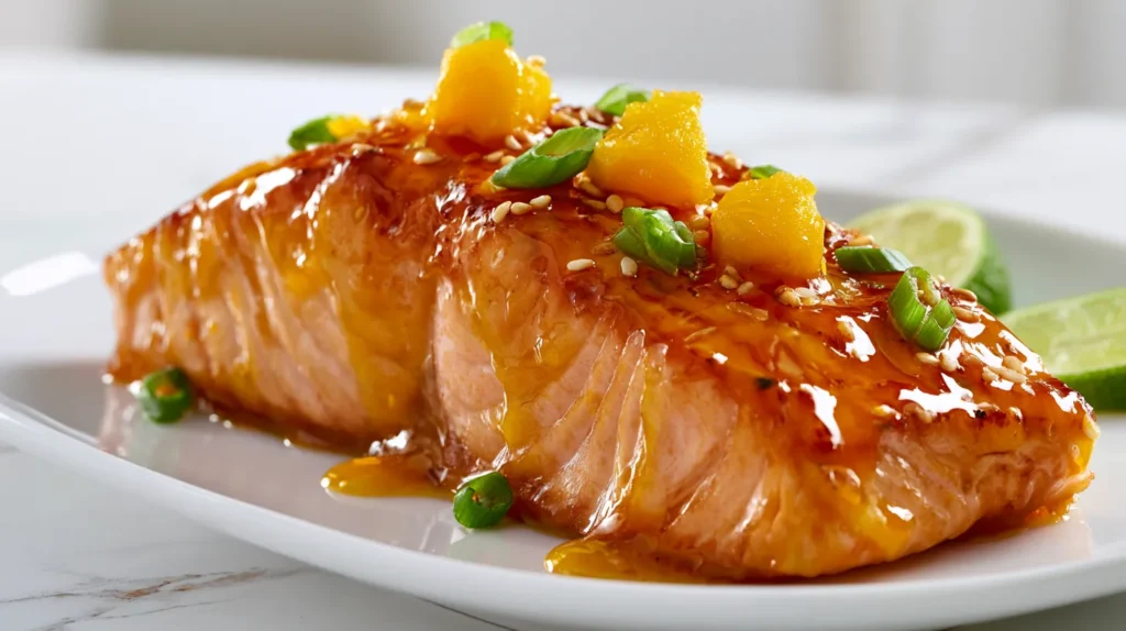 Hyper-realistic photo of a single piece of mango teriyaki salmon on a white plate, thick flaky salmon fillet coated in glossy mango teriyaki glaze, tender texture visible, small spooned mango pieces on top, sesame seeds and sliced green onions, lime wedge on the side, elegant plating, bright natural light, white marble countertop, soft clean kitchen background, eye-level food photography, crisp focus, realistic textures, no people, no text, no watermark