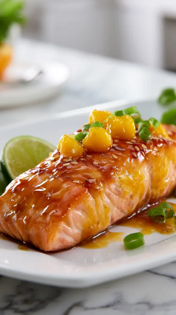 Hyper-realistic photo of a single piece of mango teriyaki salmon on a white plate, thick flaky salmon fillet coated in glossy mango teriyaki glaze, tender texture visible, small spooned mango pieces on top, sesame seeds and sliced green onions, lime wedge on the side, elegant plating, bright natural light, white marble countertop, soft clean kitchen background, eye-level food photography, crisp focus, realistic textures