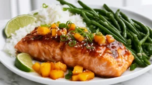 Hyper-realistic photo of mango teriyaki salmon plated on a white dinner plate with jasmine rice and garlic green beans, glossy sticky mango teriyaki glaze over the salmon, diced mango pieces, sesame seeds, sliced green onions, lime wedge, fluffy white rice and vibrant green beans arranged neatly, bright fresh colorful meal, natural window light, white marble countertop, clean white kitchen background, editorial food photography, crisp focus, realistic textures, no people, no text, no watermark