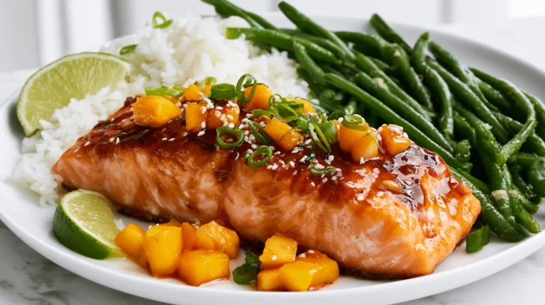 Hyper-realistic photo of mango teriyaki salmon plated on a white dinner plate with jasmine rice and garlic green beans, glossy sticky mango teriyaki glaze over the salmon, diced mango pieces, sesame seeds, sliced green onions, lime wedge, fluffy white rice and vibrant green beans arranged neatly, bright fresh colorful meal, natural window light, white marble countertop, clean white kitchen background, editorial food photography, crisp focus, realistic textures, no people, no text, no watermark