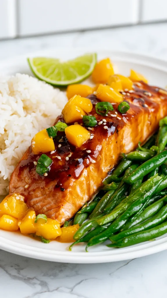 Hyper-realistic photo of mango teriyaki salmon plated on a white dinner plate with jasmine rice and garlic green beans, glossy sticky mango teriyaki glaze over the salmon, diced mango pieces, sesame seeds, sliced green onions, lime wedge, fluffy white rice and vibrant green beans arranged neatly, bright fresh colorful meal, natural window light, white marble countertop, clean white kitchen background, editorial food photography, crisp focus, realistic textures, no people, no text, no watermark