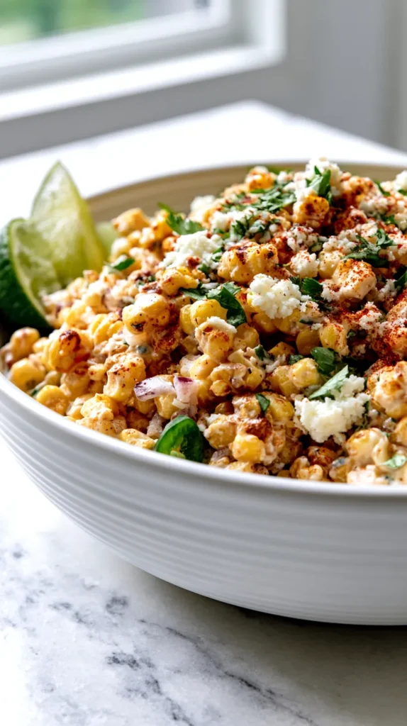 overhead view of Mexican street corn salad in a wide white ceramic bowl on a white marble countertop, charred corn kernels with creamy dressing, cotija cheese crumbles, chopped cilantro, red onion, jalapeño, chili powder, lime wedges arranged nearby, simple clean styling, bright natural light, realistic food photography, fresh vibrant colors, minimal props, no utensils blocking the salad, no people, no text, no watermark