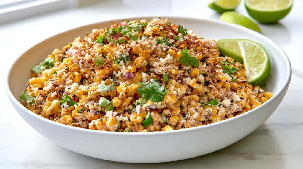 overhead view of Mexican street corn salad in a wide white ceramic bowl on a white marble countertop, charred corn kernels with creamy dressing, cotija cheese crumbles, chopped cilantro, red onion, jalapeño, chili powder, lime wedges arranged nearby, simple clean styling, bright natural light, realistic food photography, fresh vibrant colors, minimal props, no utensils blocking the salad, no people, no text, no watermark