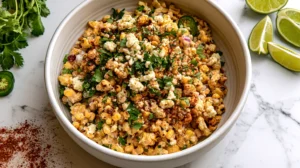 overhead view of Mexican street corn salad in a wide white ceramic bowl on a white marble countertop, charred corn kernels with creamy dressing, cotija cheese crumbles, chopped cilantro, red onion, jalapeño, chili powder, lime wedges arranged nearby, simple clean styling, bright natural light, realistic food photography, fresh vibrant colors, minimal props, no utensils blocking the salad, no people, no text, no watermark