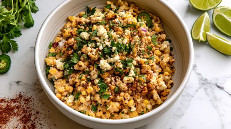 overhead view of Mexican street corn salad in a wide white ceramic bowl on a white marble countertop, charred corn kernels with creamy dressing, cotija cheese crumbles, chopped cilantro, red onion, jalapeño, chili powder, lime wedges arranged nearby, simple clean styling, bright natural light, realistic food photography, fresh vibrant colors, minimal props, no utensils blocking the salad, no people, no text, no watermark