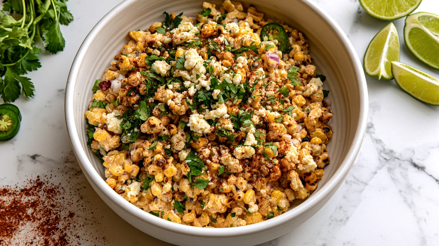 overhead view of Mexican street corn salad in a wide white ceramic bowl on a white marble countertop, charred corn kernels with creamy dressing, cotija cheese crumbles, chopped cilantro, red onion, jalapeño, chili powder, lime wedges arranged nearby, simple clean styling, bright natural light, realistic food photography, fresh vibrant colors, minimal props, no utensils blocking the salad, no people, no text, no watermark