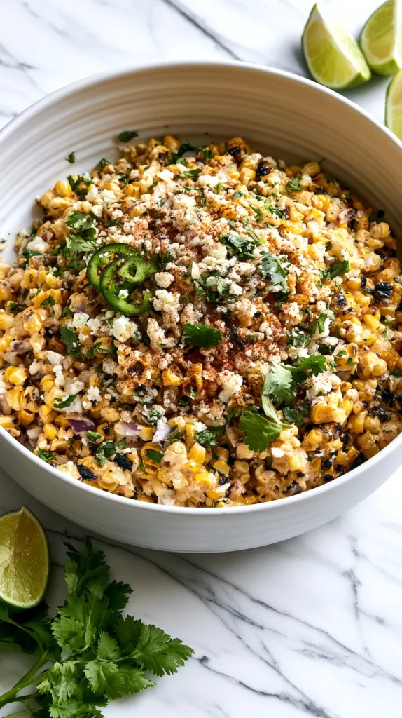 hyper-realistic Mexican street corn salad in a large white ceramic serving bowl on a white marble kitchen counter, charred golden corn kernels tossed in a creamy lime dressing, crumbled cotija cheese, chopped cilantro, tiny red onion pieces, diced jalapeño, dusting of chili powder, fresh lime wedges on the side, bright white kitchen background, soft natural window light, crisp editorial food photography, realistic creamy texture, fresh summer cookout side dish, no people, no text, no watermark