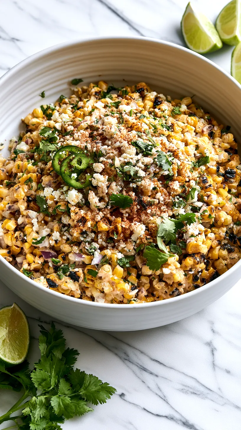 hyper-realistic Mexican street corn salad in a large white ceramic serving bowl on a white marble kitchen counter, charred golden corn kernels tossed in a creamy lime dressing, crumbled cotija cheese, chopped cilantro, tiny red onion pieces, diced jalapeño, dusting of chili powder, fresh lime wedges on the side, bright white kitchen background, soft natural window light, crisp editorial food photography, realistic creamy texture, fresh summer cookout side dish, no people, no text, no watermark