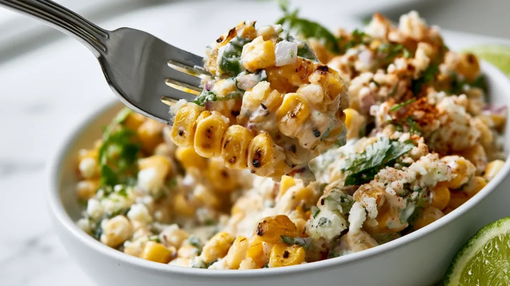 close-up hyper-realistic fork lift shot of Mexican street corn salad in a small white ceramic single-serving bowl on a white marble kitchen counter, bowl still mostly full and fresh-looking, silver fork lifting one neat bite higher above the bowl with clear separation from the salad below, bite made of lightly charred golden corn kernels with small browned edges, creamy lime dressing coating the corn, crumbled cotija cheese, chopped cilantro, tiny red onion pieces, diced jalapeño, light dusting of chili powder, visible charred kernels throughout the bowl, natural scoop mark in the salad but no scraped empty bowl, no messy sauce streaks, fresh lime wedge beside the bowl, bright white kitchen background, soft natural window light, shallow depth of field, crisp editorial food photography, realistic fork shape, realistic food texture, no hand, no people, no text, no watermark