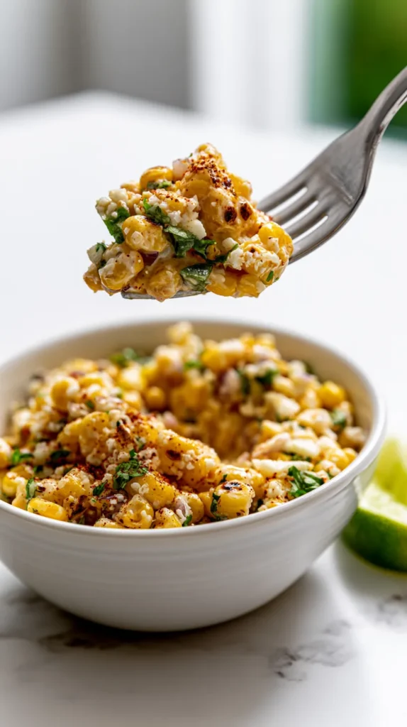 close-up hyper-realistic fork lift shot of Mexican street corn salad in a small white ceramic single-serving bowl on a white marble kitchen counter, bowl still mostly full and fresh-looking, silver fork lifting one neat bite higher above the bowl with clear separation from the salad below, bite made of lightly charred golden corn kernels with small browned edges, creamy lime dressing coating the corn, crumbled cotija cheese, chopped cilantro, tiny red onion pieces, diced jalapeño, light dusting of chili powder, visible charred kernels throughout the bowl, natural scoop mark in the salad but no scraped empty bowl, no messy sauce streaks, fresh lime wedge beside the bowl, bright white kitchen background, soft natural window light, shallow depth of field, crisp editorial food photography, realistic fork shape, realistic food texture, no hand, no people, no text, no watermark