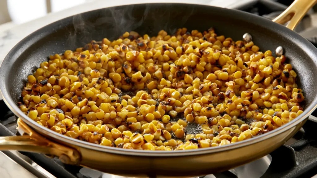hyper-realistic process shot of lightly charred golden corn kernels cooking in a large skillet on a stovetop, skillet sitting clearly on the stove with the burner visible beneath it, corn kernels sizzling in a thin layer of oil, small browned and blackened edges on the kernels, realistic caramelized spots, skillet not overcrowded, a little steam rising, bright white kitchen background, white marble counter nearby, soft natural window light, crisp editorial recipe photography, realistic food texture, clean cooking scene, no hands, no people, no text