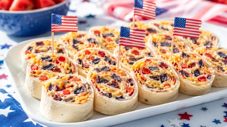 Patriotic tortilla pinwheels made with soft white flour tortillas only, sliced into neat spiral rounds, creamy white cream cheese filling, shredded cheddar cheese, tiny diced red bell pepper pieces, and small crushed blue corn tortilla chip bits visible inside the filling, no colored tortillas, no red tortillas, no blue tortillas, arranged on a white ceramic platter, clean bright summer party table, tiny American flag picks, natural window light, realistic editorial food photography, creamy crunchy texture, neat sliced edges, shallow depth of field, no hands, no text, no watermark --ar 16:9