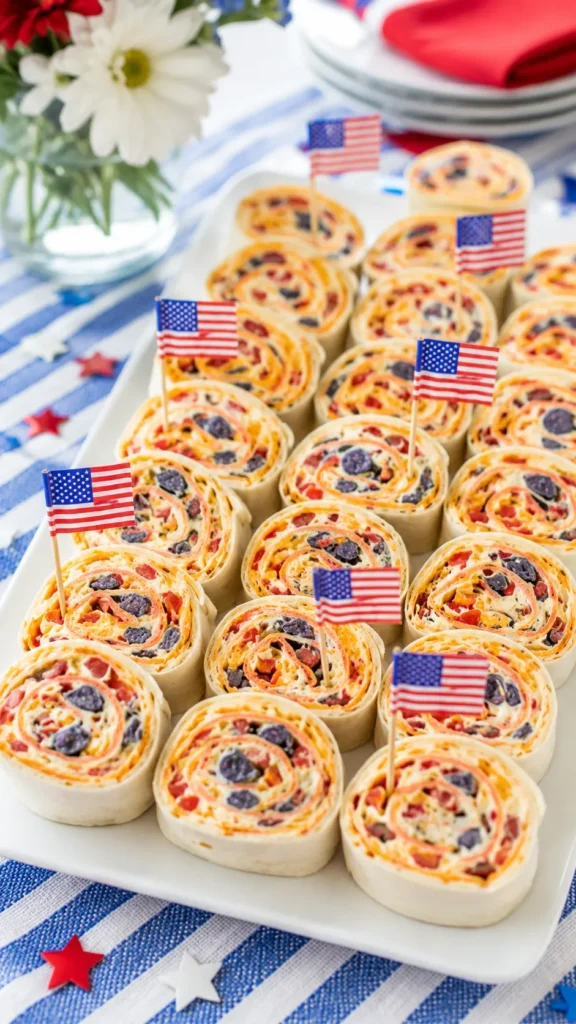 Patriotic tortilla pinwheels sliced into neat spirals, made with soft white flour tortillas, creamy white cream cheese filling, shredded cheddar, finely diced red bell pepper, and small crushed blue corn tortilla chip pieces, stacked on a white platter